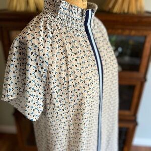 Collections by Cezelle blue floral short sleeve blouse w striped ribbon accent